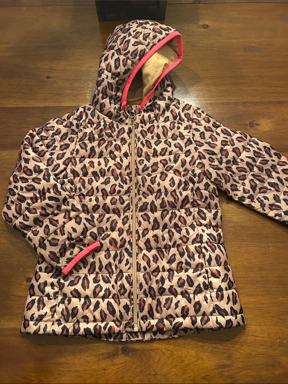 Girls' Leopard Print Puffer Jacket with coral pink Trim